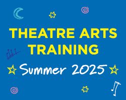 Logo type graphic with a blue background and yellow lettering announcing Theatre Arts Training Summer 2025 programming.