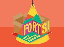 A colorful cardboard fort with the text “FORTS! Build Your Own Adventure” is illuminated by a hanging yellow lightbulb, set against a red-orange background with an open box.