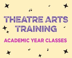 Logo type graphic with a tan background and purple lettering announcing Theatre Arts Training 2025-2026 Academic Year programming.