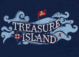 Stylized "Treasure Island" text with waves, a pirate flag, compass rose, and dotted line leading to an "X.