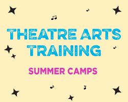 Logo type graphic with a tan background and blue lettering announcing Theatre Arts Training Summer Camps.