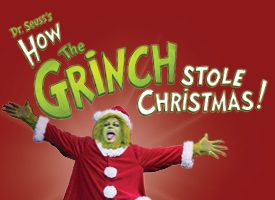 "Dr. Seuss's How the Grinch Stole Christmas!" against a red background and a photograph of the Grinch.