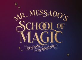 "Mr. Messado's School of Magic" against starry red and blue background.
