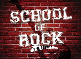 "School of Rock the Musical" in varsity letters against a brick wall and the silhouette of an electric guitar.